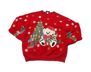 Vintage 90’s Bedford Fair Christmas Tree Bear Graphic Sweatshirt Red Size Large
